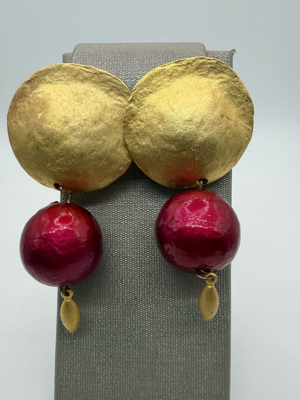 Vintage Oversized Gold Tone Red Ball Dangle Clip On Statement Earrings